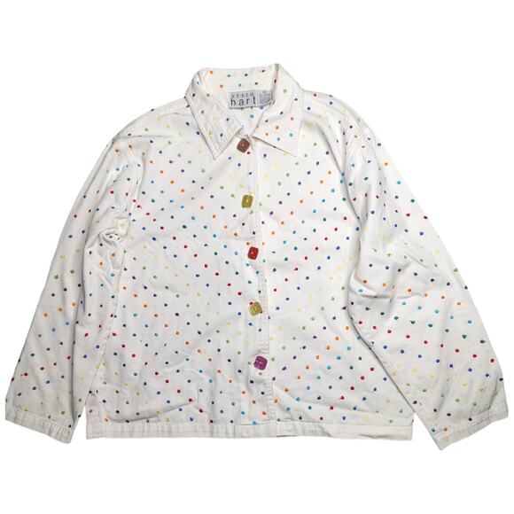 Vtg 1990s Keren Hart White Cotton Button Up Embroidered Rainbow Dot Jacket L - Picture 1 of 4